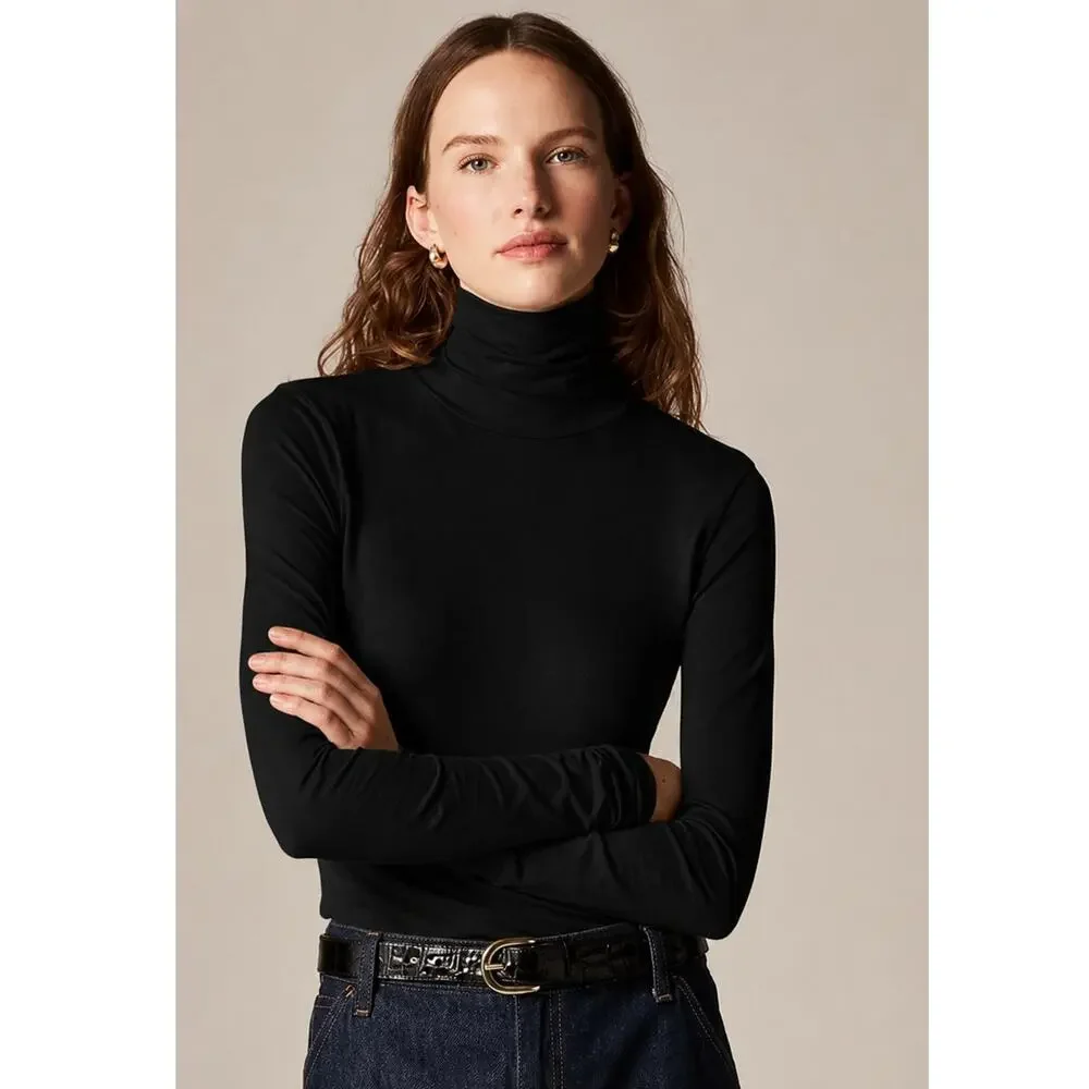 J. Crew Feather Jersey Cotton Turtleneck Top Black CN176 Size XS